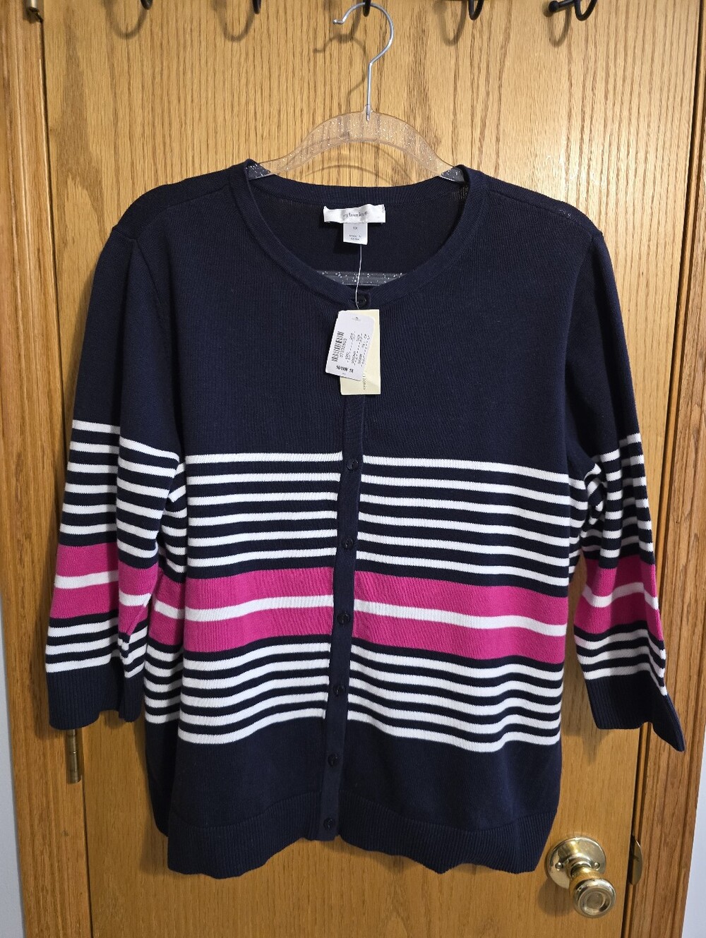 CJ BANKS Navy, White & Pink Striped Button-Front Cardigan NWT